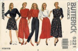 5221 BUTTERICK EZ 90 PULLOVER LS TOP, FLARE OR SPLIT CULOTTE SKIRT, BOTTOMS PATTERN 6-10 or 12-16 choice  UNCUT